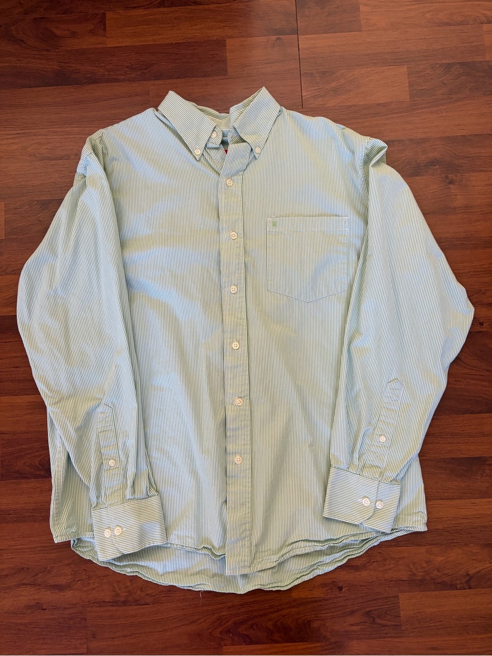 IZOD Men's Button-Down Long Sleeve Shirt with Light Green Stripes- Large